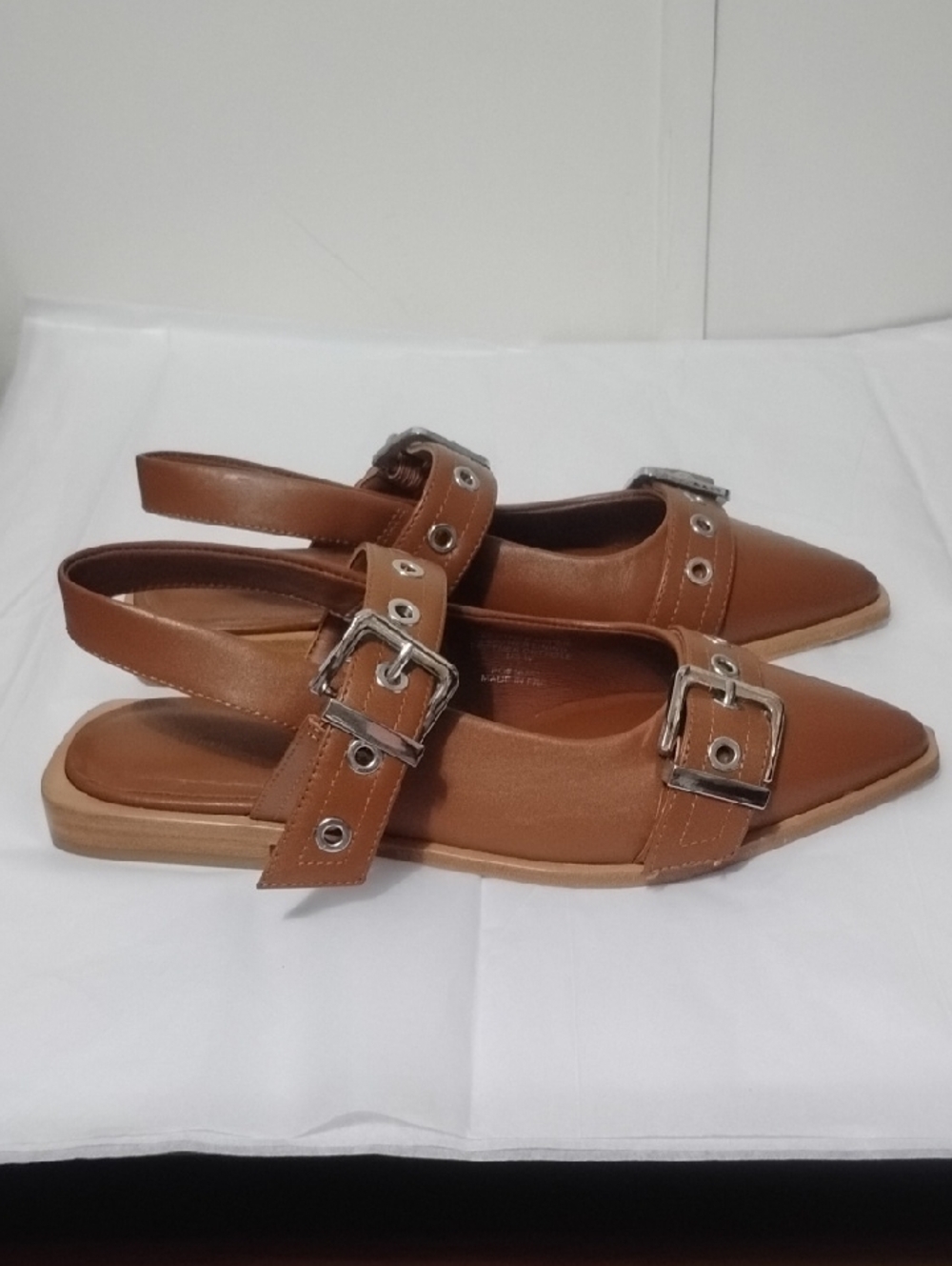 Quince Tan Pointed-Toe Buckle Flats with Eyelet Straps - Picture 3 of 9